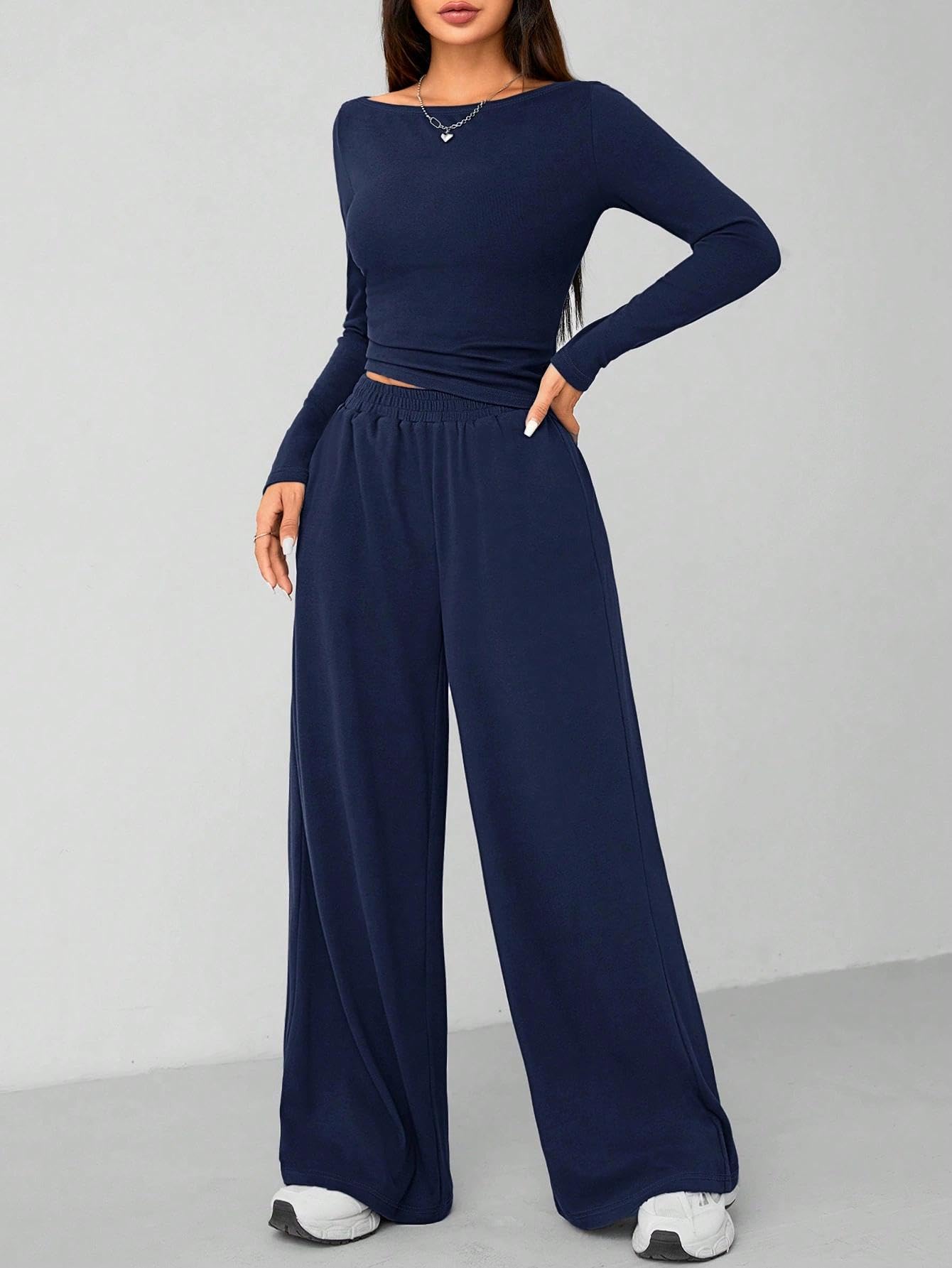 2 piece lounge set, long sleeve top wide leg pants, comfortable casual wear, rel
