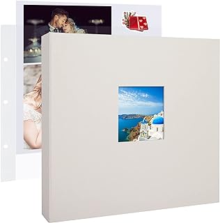1DOT2 12x12 Inch 3 Ring DIY Scrapbook Photo Album, Beige | 30 Plastic Sleeves, 60 White Pages, Linen Cover, Blank Scrapbooks, For Baby Travel Wedding Graduation Kids