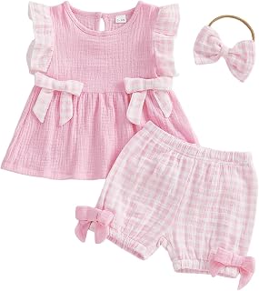 Amnnchya Toddler Girl Clothes Baby Summer Spring Outfits Cute Bow Button Smocked Ruffle Sleeve Tops ＋ Girls Shorts Set