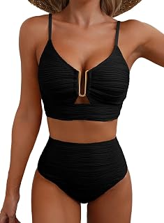 Women Summer High Waist Bikini Set Two Piece Textured Swimwear with Hardware Detail U for Vacation Pool Beach