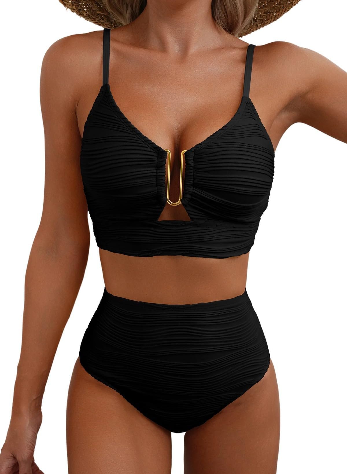 Women Summer High Waist Bikini Set Two Piece Textured Swimwear with Hardware Det