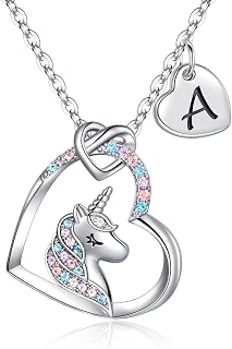 TINGN Unicorn Gifts for Girls - 14K White Gold Plated Colorful CZ Heart Pendant Unicorn Necklace for Girls Unicorns Initial Necklace for Girl Kids Jewellery Birthday Gifts for Girl Kids Daughter