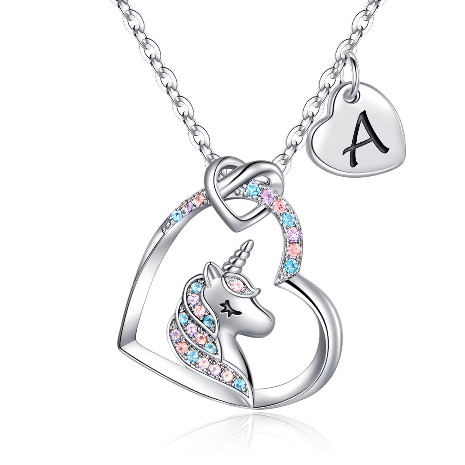 TINGN Unicorn Gifts for Girls - 14K White Gold Plated Colorful CZ Heart Pendant 