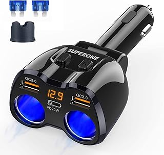 Cigarette Lighter Splitter, SUPERONE 180W 2-Socket Adapter with PD USB-C | Dual QC3.0 &amp; 20W USB C Car Charger, 2026 Upgraded Cigarette Lighter Adapter for GPS/Dash Cam/Laptop/iPad/iPhone18/17/16/15/14