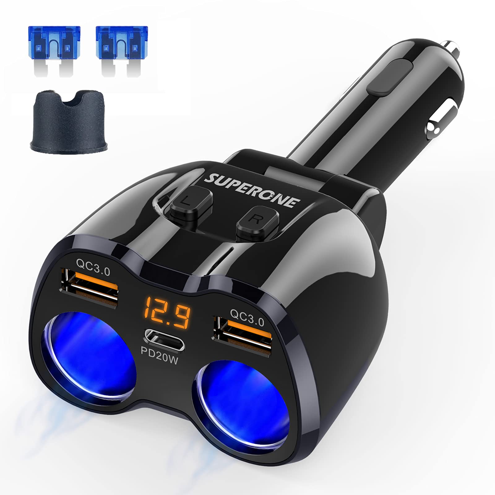 Cigarette Lighter Splitter, SUPERONE 180W 2-Socket Adapter with PD USB-C | Dual 