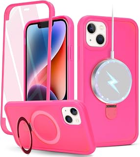 Cavor Custodia per iPhone 13 e iPhone 14, compatibile con Magsafe, custodia per iPhone 14 con pellicola protettiva, supporto magnetico protettivo per telefono, rosa rossa