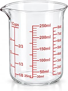 Ackers Borosilicate Glass Measuring Cup with Spout, 250 ml, 8 oz/1 Cup | Handle-free beaker shape with printed cup, oz and ml scales for cooking, baking and small-batch drink preparation