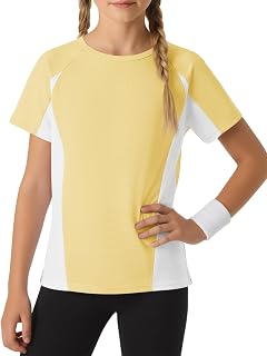 Haloumoning Magliette sportive a maniche corte a blocchi di colore per ragazze, ad asciugatura rapida, girocollo, abbigliamento sportivo, 5-14 anni