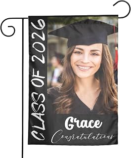 Personalized Graduation Garden Flag Personalized with Photo Name, Custom Class of 2026 Congrats Grad Banner Signs with Grad Cap, Congratulation Party Decoration for Outdoor Lawn Yard, Double Sided Black 12x18