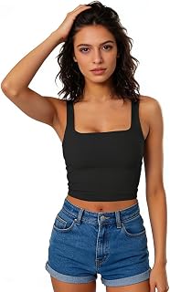Women Tank Top Sleeveless Square Neck Slim Fit Casual Basic Crop Top
