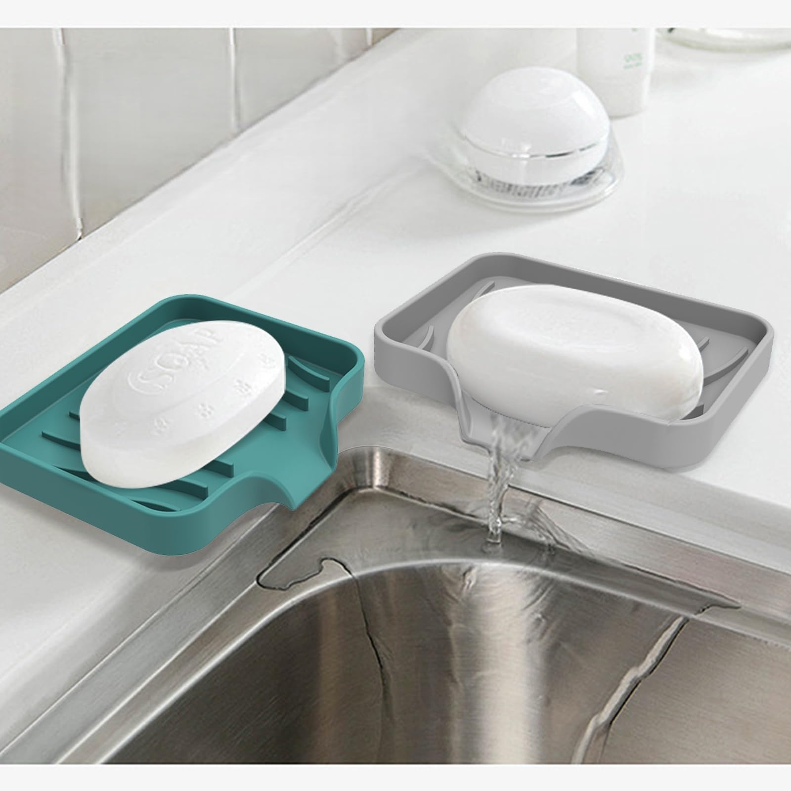 Silicone Soap Dish with Drain - 2 Pack Mint Green Self-Draining Soap Holder for 