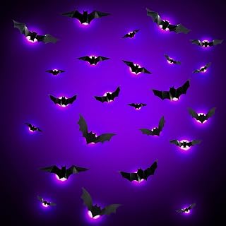 Halloween Decorations, 24Pcs LED Bats Lights Halloween Window Stickers | Halloween Decor 3D Bats Light Up Wall Home Decor, 5 Sizes, Halloween Party Decorations for Indoor/Outdoor, Yard, Home Decals
