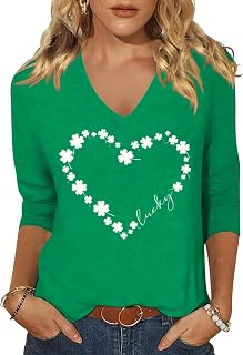 Woffccrd Womens 3/4 Sleeve V Neck T-Shirts Valentina's Day Spring Shirts Love Heart Printed Graphic Tees
