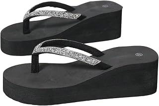 WDIRARA Women's Sparkly Rhinestone Wedge Flip Flops Thong Platform Sandals