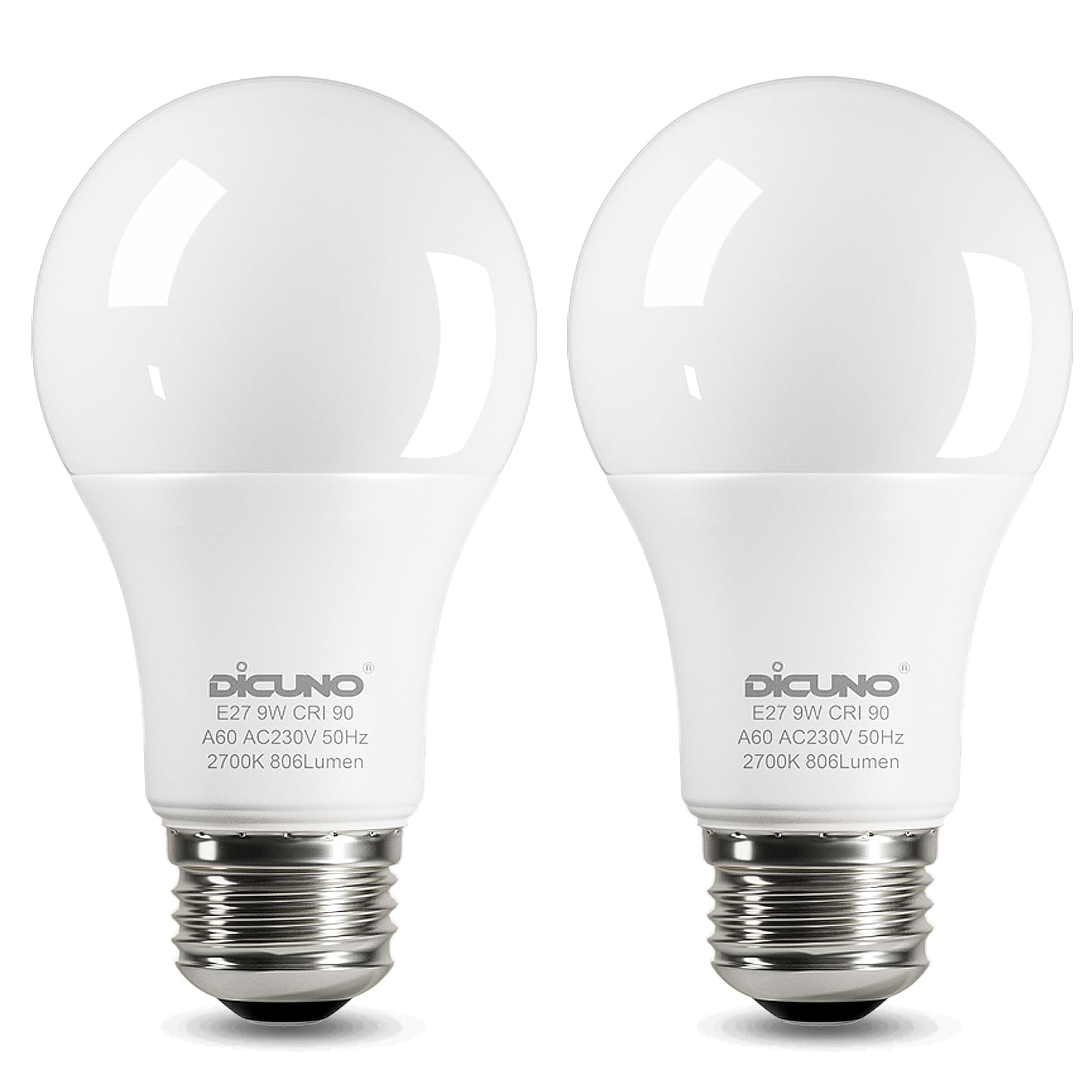 DiCUNO E27 Screw LED Bulb, 9W=60W, Warm White 2700K, 806LM, 2Pcs | Large Screw i