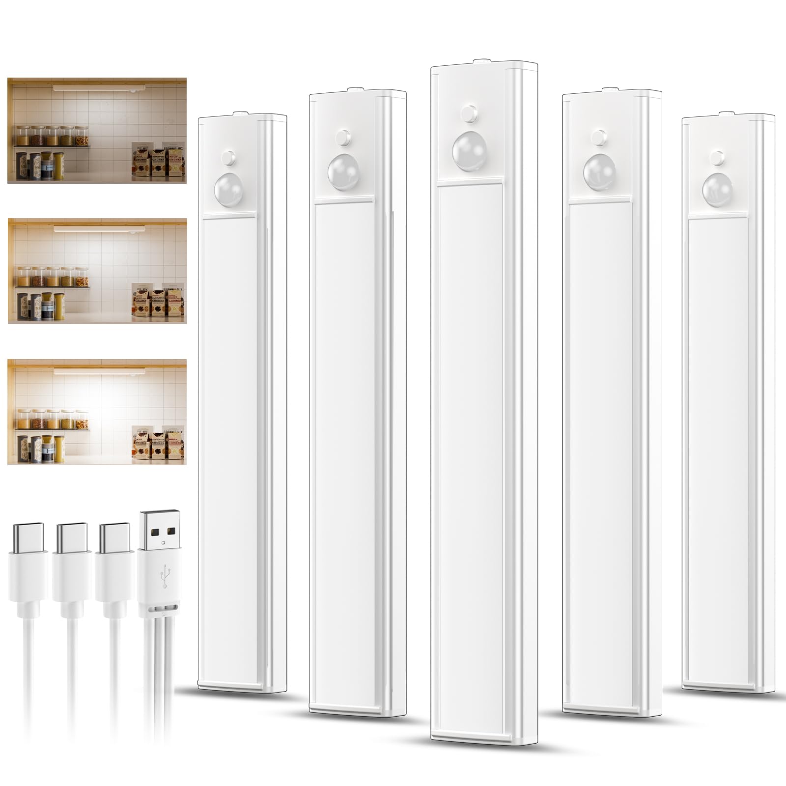 daphomeu 5 Pack 20cm Rechargeable LED Kitchen Lights, Dimming Type C | Motion Se