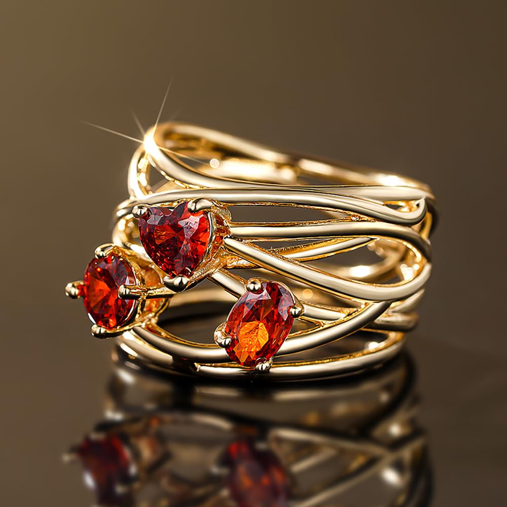 Gold Color Red Cubic Zirconia Cross Ring for Women Engagement Party Jewelry