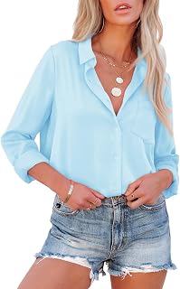 Aoudery Button Down Shirts for Women Long Sleeve Collared Blouses V Neck Work Business Office Tunic Chiffon Tops-Light Blue L