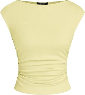 CIDER Boat Neck Tops for Women Sleeveless Ruched Crop Tank Tops Slim Fit Trendy Summer Outfits Casual Tee Shirt