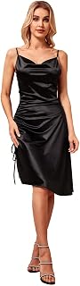 Women's Ruched Satin Cowl Neck Mini Dress Asymmetrical Split Party Dress