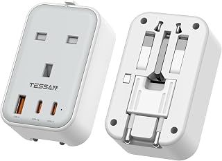 TESSAN UK to Universal Travel Adapter, 1 Pack | 20W, 2 USB C 1 USB A, Ultra Thin, Worldwide Plug Adapter, Type C G A I