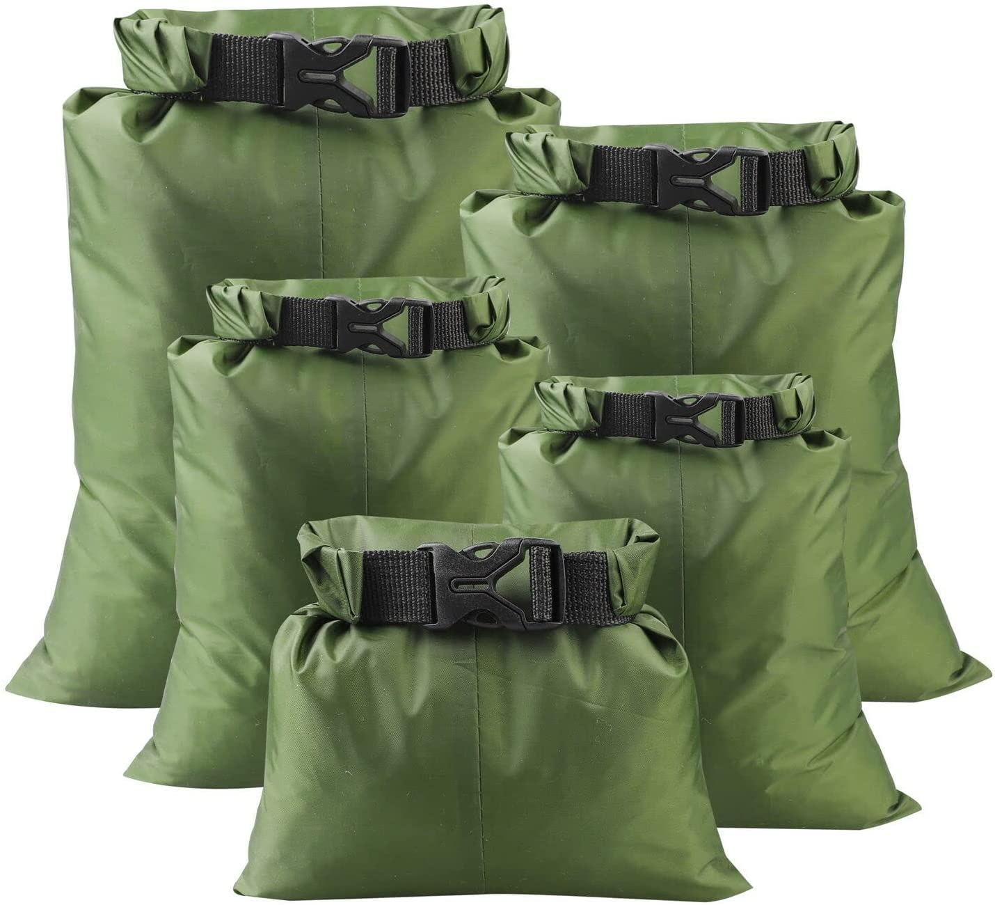 kuou 5 Pack Waterproof Dry Bags, 1.5L-6L, Lightweight, Green | Dry Sack Waterpro