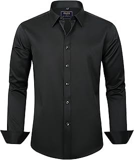 J.VER, Camicie da uomo a maniche lunghe, in tinta unita, elasticizzate, senza pieghe, camicia formale da lavoro, casual, con bottoni, nero, M