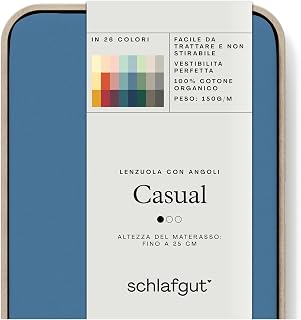 schlafgut Casual Fitted Sheet 90 x 190 cm to 100 x 200 cm, 100% Organic Cotton, Blue Mid