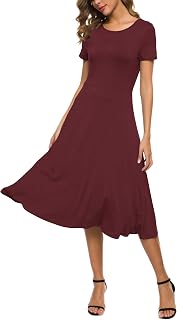 EXCHIC Women's Short Sleeve Solid Color Round Neck Elastic A-Line Dress Casual Elegant Round Neck Midi Dress