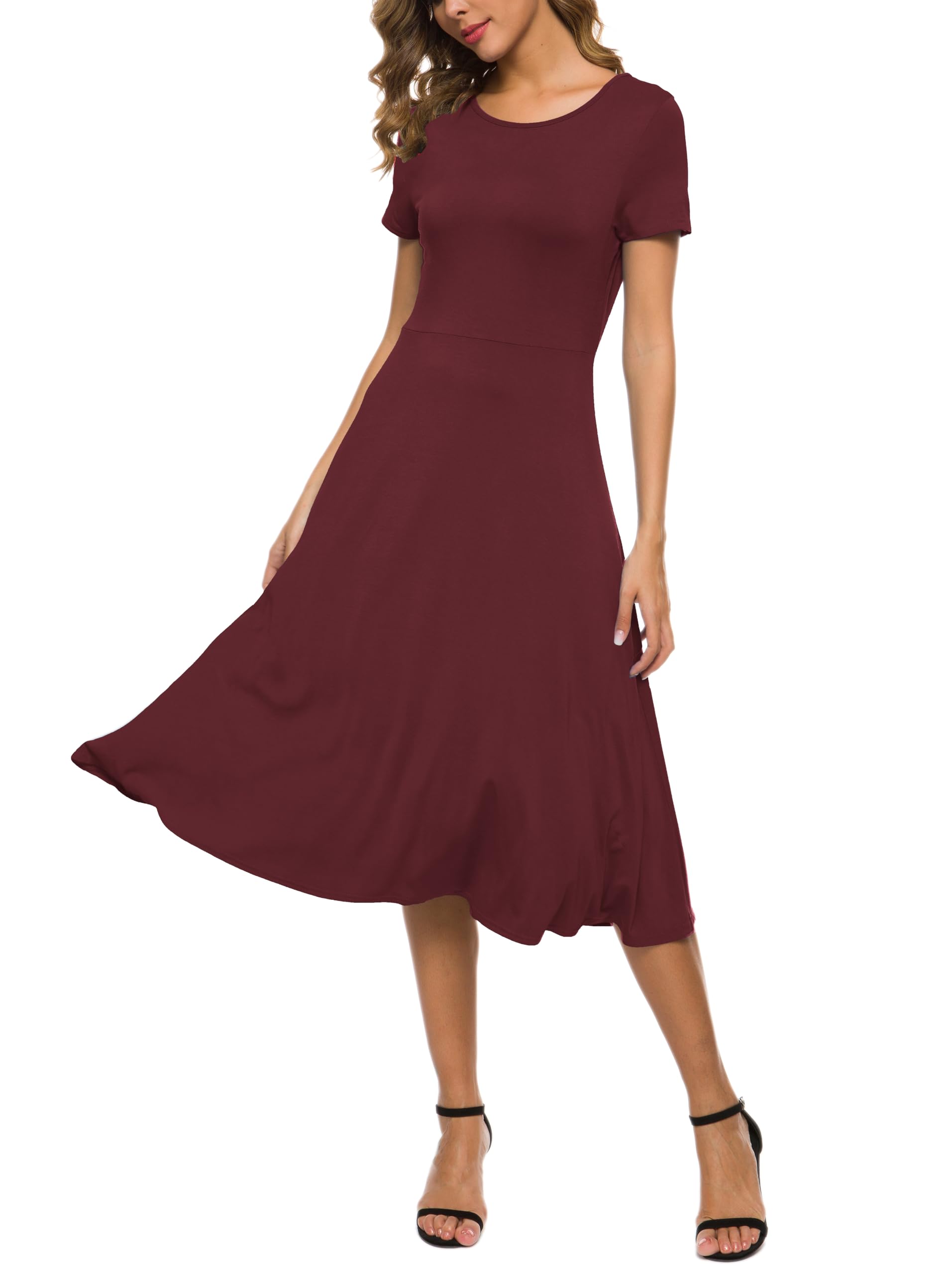 EXCHIC Women's Short Sleeve Solid Color Round Neck Elastic A-Line Dress Casual E
