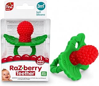 RaZbaby RaZberry Silicone Baby Teether Toy - Berrybumps Soothe Babies Sore Gums - Infant Teething Toy - Hands Free Design - BPA Free - Easy-to-Hold Design - Teething Relief Pacifier - Fruit Shape/Red