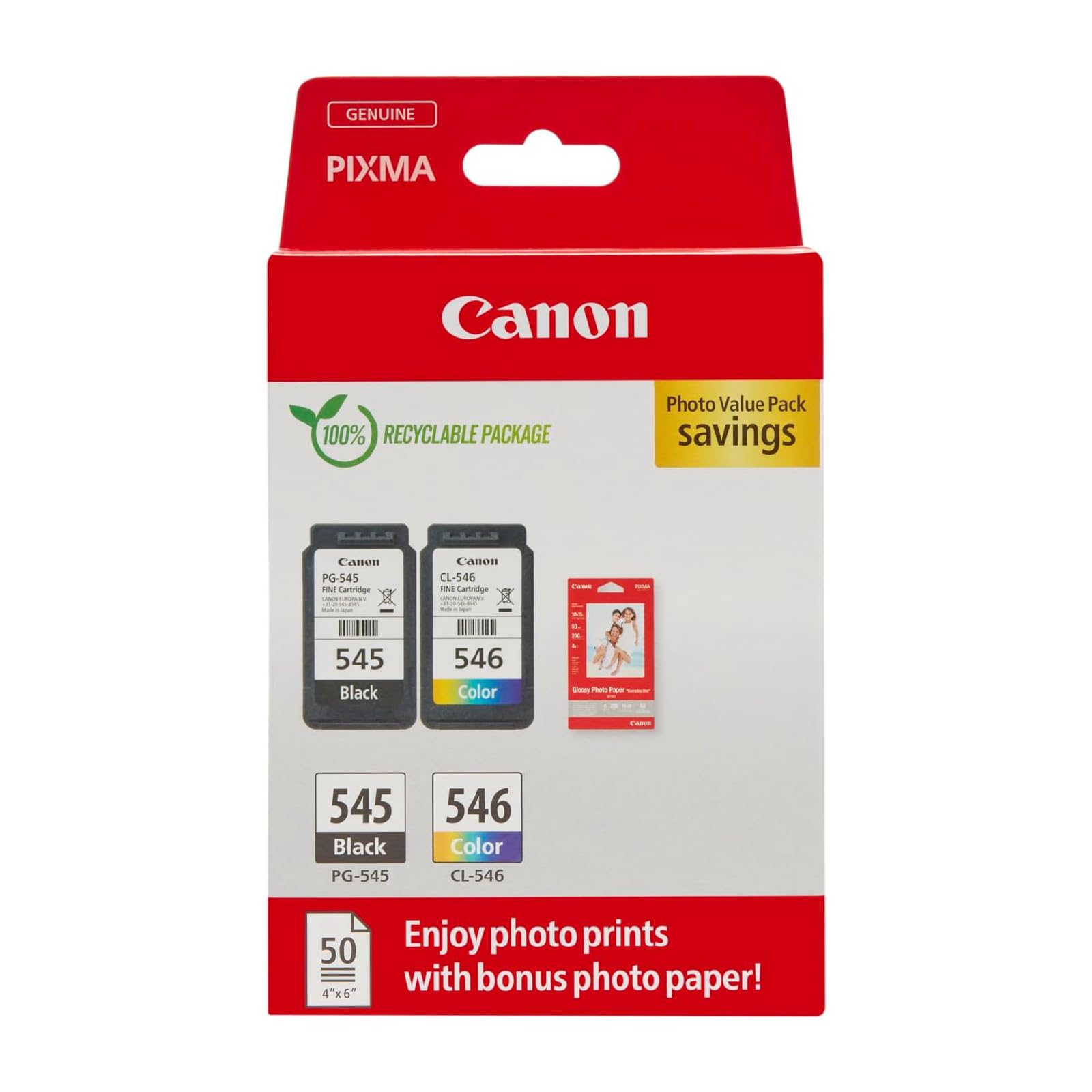 Canon Ink & Paper Multipack - PG-545/CL-546 genuine printer ink cartridges 2 pac