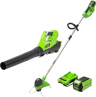 Greenworks 40V 12 in String Trimmer & 390 CFM Blower Combo, 2.0 Ah Battery | 12" Weed Wacker & 390 CFM Leaf Blower Combo, Auto Feed Line, Cruise Control Blower, Lightweight 40V Lawn Maintenance Set