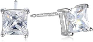 Amazon Essentials Plated Sterling Silver Cubic Zirconia Stud Earrings (Round & Princess)