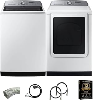 Samsung Smart Laundry Pair Bundle White 5.4 Cu. Ft. Top Load Washer and 7.4 Cu. Ft. Electric Dryer with Vent Kit, Power Cord, 2 Water Hoses and 1 Year CPS Protection Plan