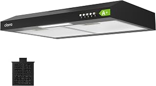 CIARRA CBCB6903D Visor Cooker Hood 60cm, Under Cabinet, Class A+, Black | Carbon Filter Included, Recirculating or Ducting Extractor Fan Kitchen, Push Button, 61dB Low Noise, 3 Speeds, LED Light