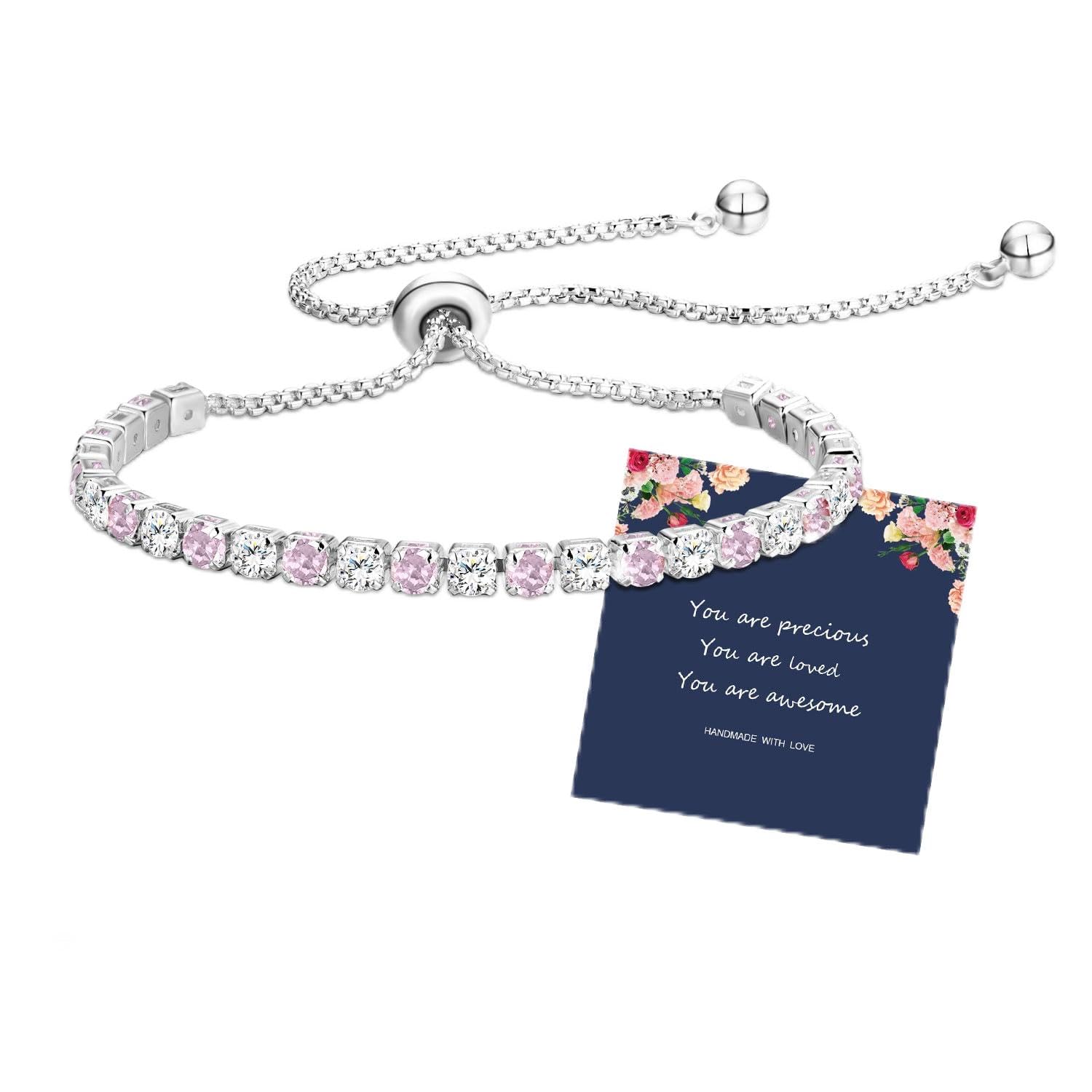Silver Tennis Birthstone Bracelet for Womens Crystal Zirconia Bracelet Card