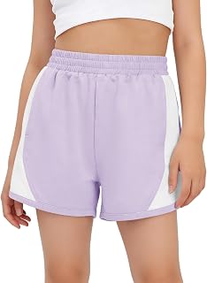 Haloumoning Pantalones cortos para niñas de 5 a 14 años de cintura alta elástica con bloques de color y bolsillos