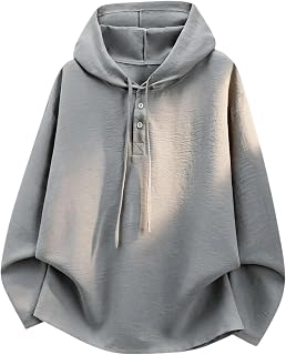 FJLTDCP Men's Hoodie, Long Sleeve, Thin, Cotton-Linen Style, Henley Neck