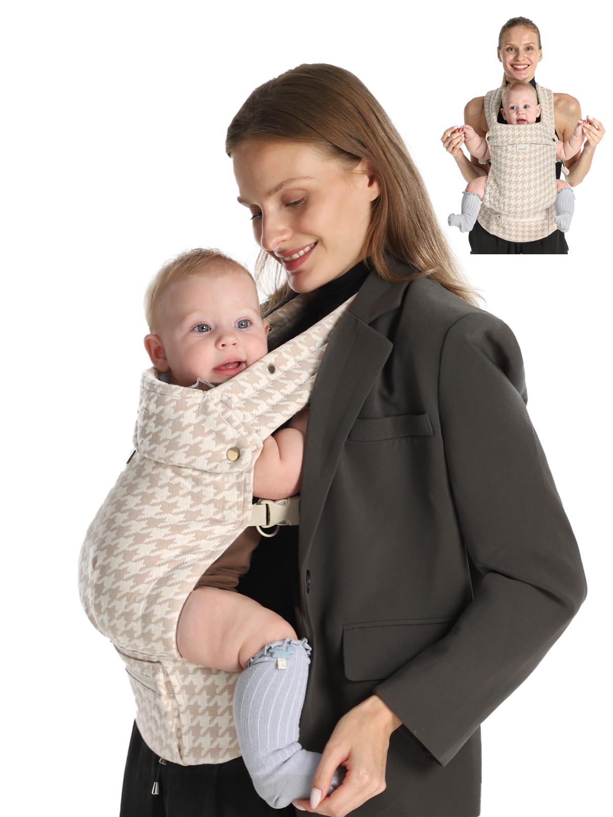 GROWNSY Baby Carrier, Infant 7-44 lbs, with Head Support, Beige Houndstooth | Ba