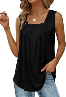Saloogoe Summer Tank Tops for Women, Loose Fit, Pleated, Square Neck, Sleeveless, Curved Hem, Flowy
