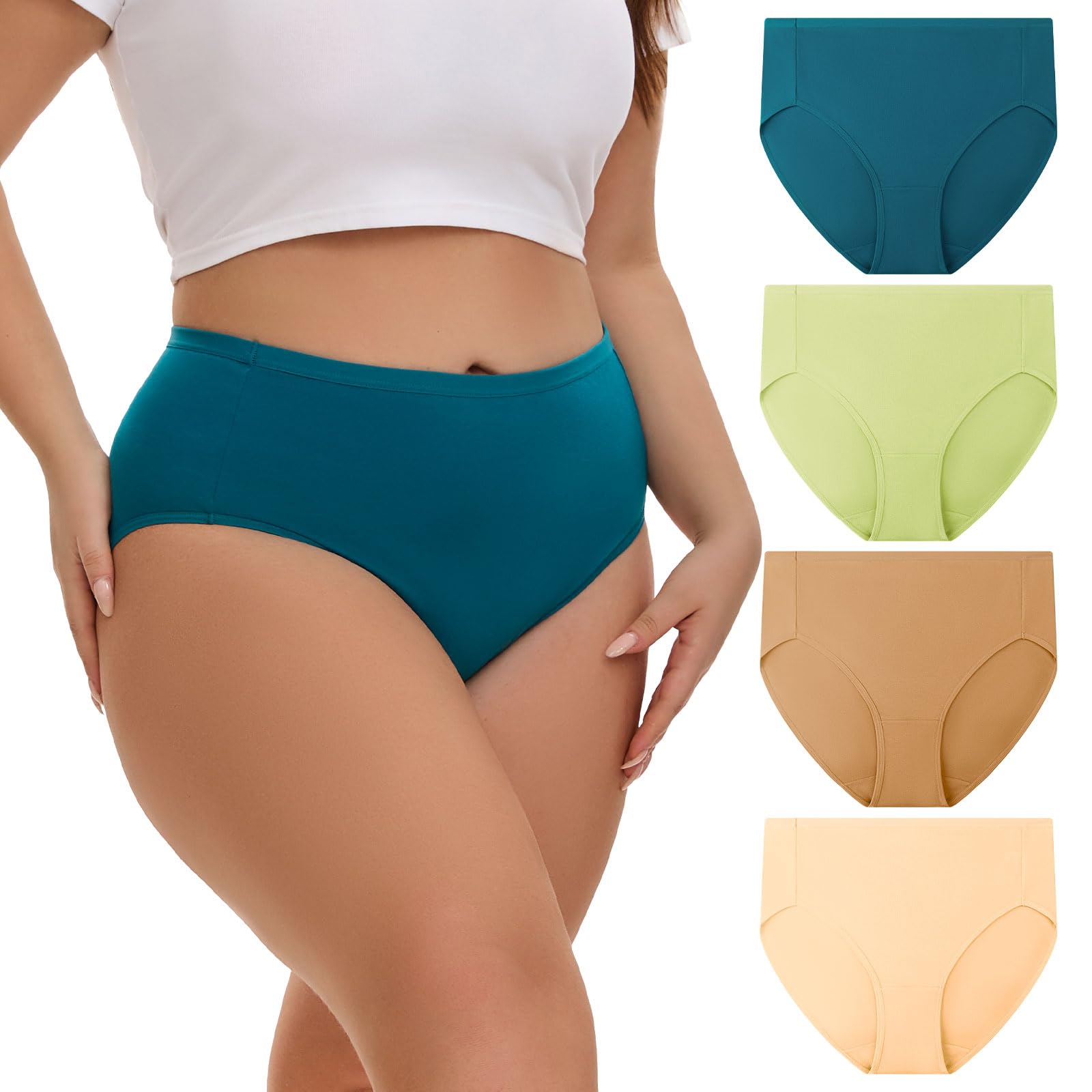 INNERSY Womens Plus Size Cotton Highcut Bikini Underwear 4-Pack