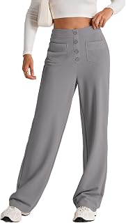 EVALESS Womens High Waist Button Stretchy Work Pants Straight Leg Office Dress Pant Business Casual Trousers with Pocket