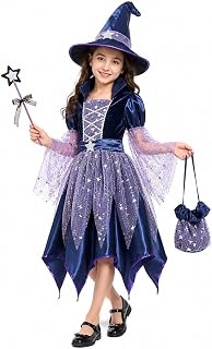 Halloween Costumes For Kids Witch Costume Kids Cosplay Costume Set for Girl | Halloween Dress With Witch Hat, Broom & Pumpkin Bag, Fancy Dress Girls Witch Costume Set for Parties & Role Play Party