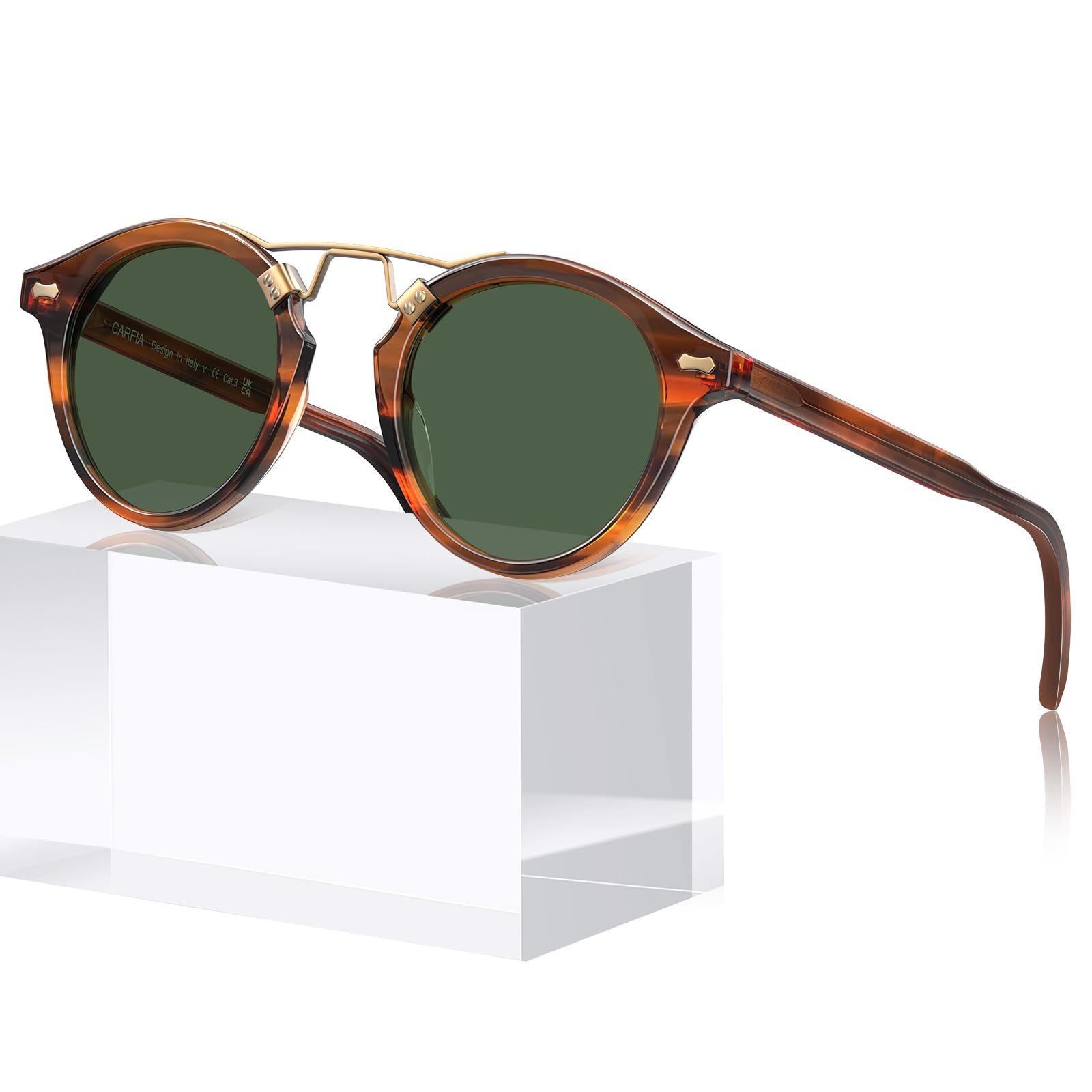 CARFIA Retro Double Bridge Acetate Polarized Mens Sunglasses Round Shades