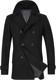 Lisskolo Men's Wool Blend Double Breasted Pea Coat Classic Notched Collar Warm Woolen Coats Winter Outwear Jackets