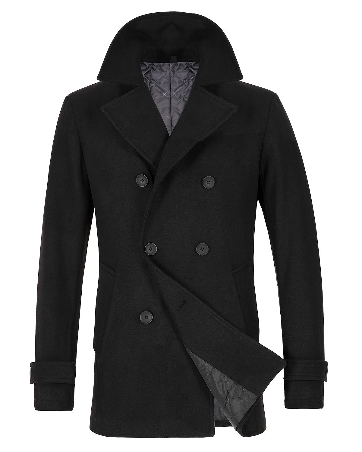 Lisskolo Men's Wool Blend Double Breasted Pea Coat Classic Notched Collar Warm W