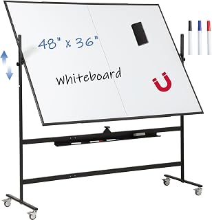 48x36 Magnetic Mobile Whiteboard on Wheels, Double Sided Dry Erase, Black | 4' x 3' Reversible White Board with Stand. Adjustable Height/Angle Easel Board with Lockable Wheels for School, Home