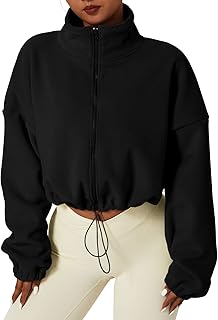 QINSEN Women Short Fleece Jacket Full Zip Long Sleeve Stand Collar Short Sherpa Coat