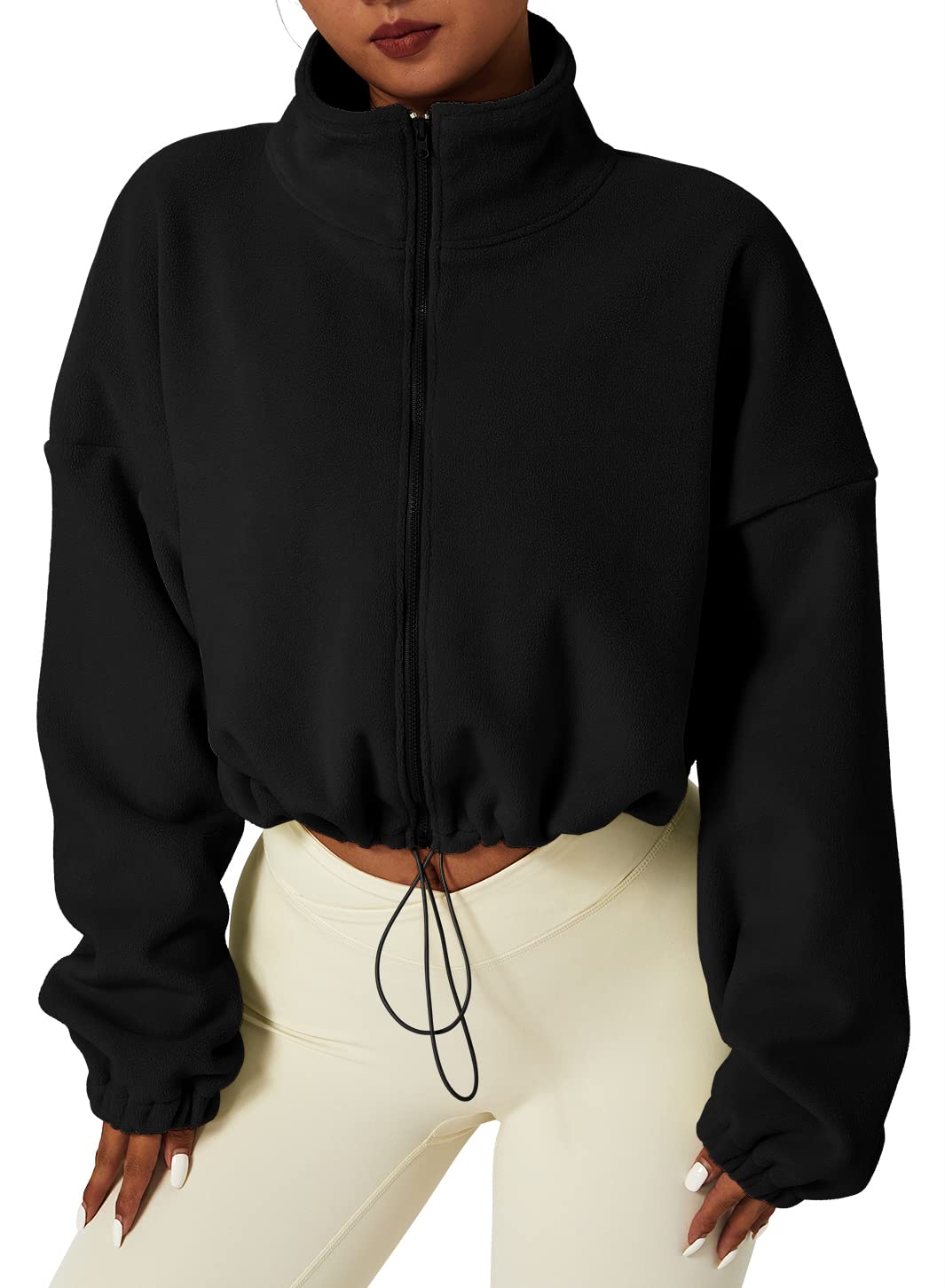 QINSEN Women Short Fleece Jacket Full Zip Long Sleeve Stand Collar Short Sherpa 